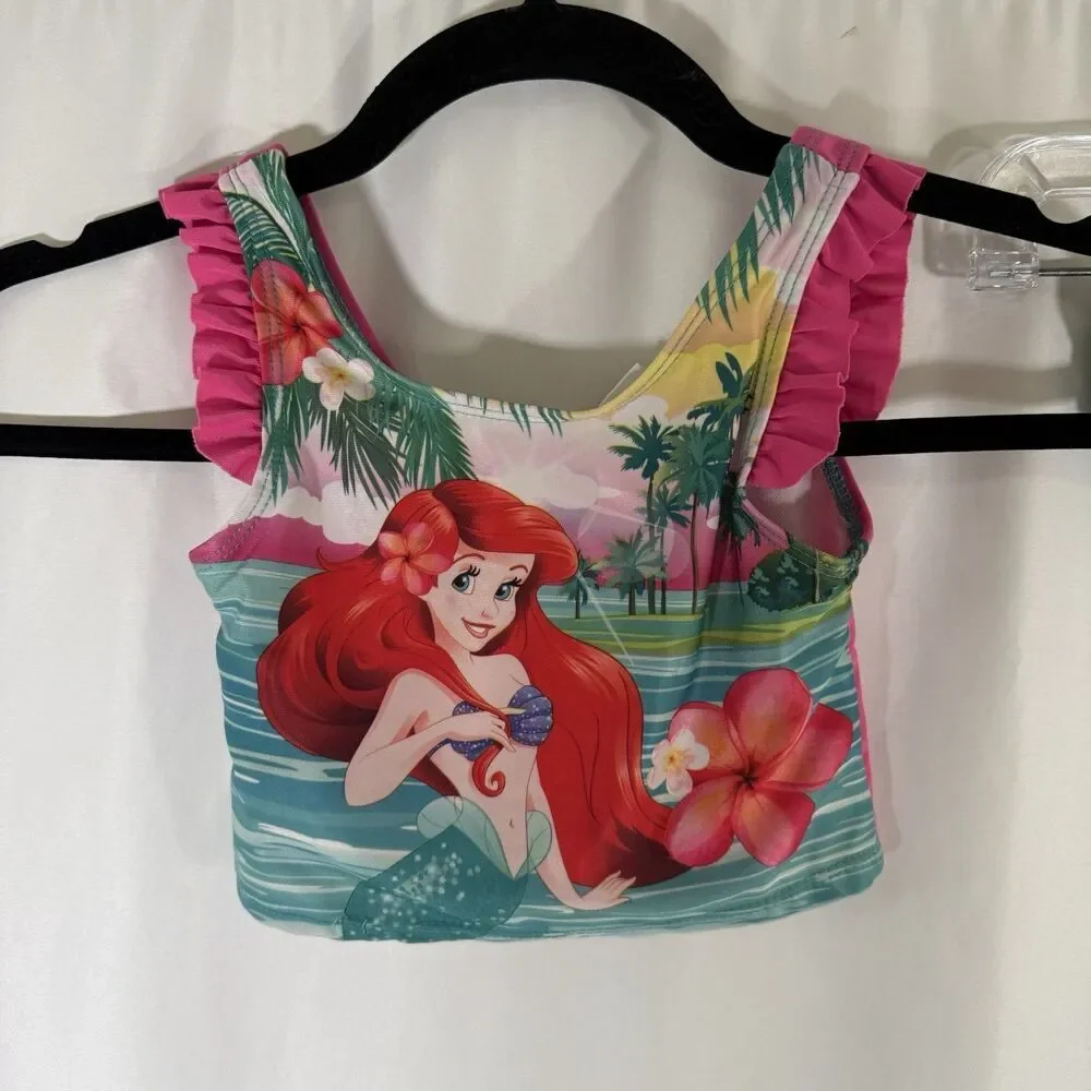 Disney Princess Swim Suit 2 Piece Girl 3T Ariel Green Pink Floral Little Mermaid